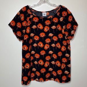 CABI Blouse Red Orange Black FLANDERS Poppy Split Back Raglan Sleeve 3251 Small